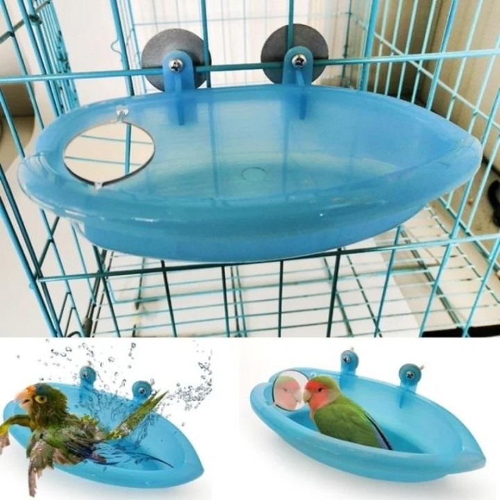 Vogel Wasserbad Badewanne Für Haustier Käfig Hängen Schüssel Papagei Sittich Vogel Bad + Spiegel Vogelbad blau