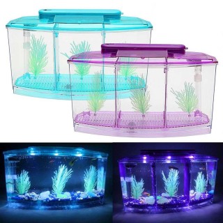 Mini Aquarium Aquarium Fisch Aquarium Tank LED Licht Teiler Filter Wasser violett