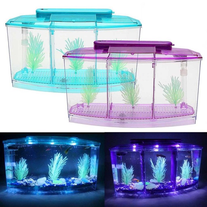 Mini Aquarium Aquarium Fisch Aquarium Tank LED Licht Teiler Filter Wasser violett