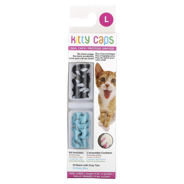 Kitty Caps, Nagelkappen-Set, groß, schwarze und graue Spitzen, Babyblau, 44-teiliges Set