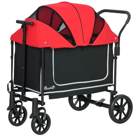 PawHut Hundewagen Hundebuggy klappbar für Hunde & Katzen bis 30 kg Katzenbuggy mit Kissen Netzfenstern 2 Türen Aufbewahrungst