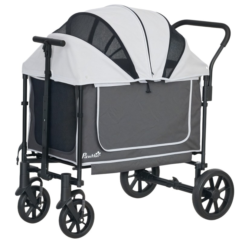 PawHut Hundewagen Hundebuggy klappbar für Hunde & Katzen bis 30 kg Katzenbuggy mit Kissen Netzfenstern 2 Türen Aufbewahrungst