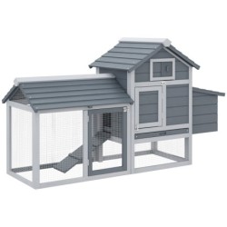 PawHut Zwerghühnerstall mit Nistkasten und Rampe, Geflügelstall aus Tannenholz in Grau, 150,5 x 54 x 87 cm, ideal für Zwerghü