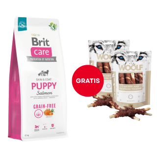 BRIT Care Grain-free Puppy Trockenfutter mit Lachs 12 kg + WOOLF Chicken And Rawhide Twister 2 x 100g Trockenhaut umhüllt mit