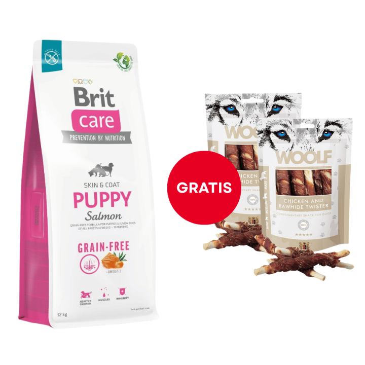 BRIT Care Grain-free Puppy Trockenfutter mit Lachs 12 kg + WOOLF Chicken And Rawhide Twister 2 x 100g Trockenhaut umhüllt mit