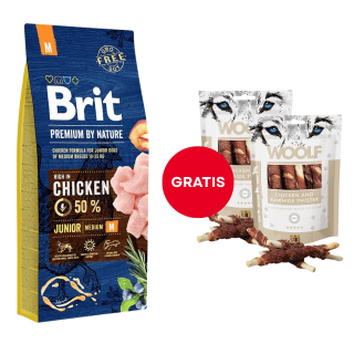 BRIT Premium By Nature Junior Medium M Chicken 15 kg + WOOLF Chicken And Rawhide Twister 2 x 100g Trockenhaut umhüllt mit Häh