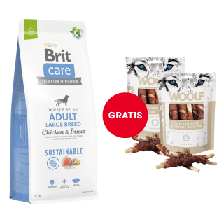 BRIT Care Dog Sustainable Adult Large Breed Chicken & Insect 12kg + WOOLF Chicken And Rawhide Twister 2 x 100g GRATIS