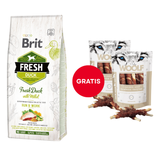 BRIT Fresh Duck with Millet Active Run & Work 12 kg + WOOLF Chicken And Rawhide Twister 2 x 100g Trockenhaut umhüllt mit