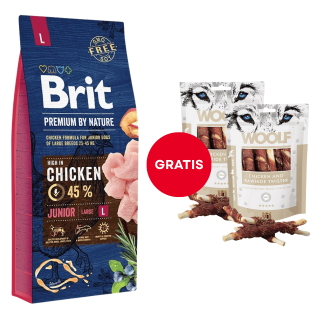 BRIT Premium By Nature Junior Large L Chicken 15 kg + WOOLF Chicken And Rawhide Twister 2 x 100g Trockenhaut umhüllt mit Hähn