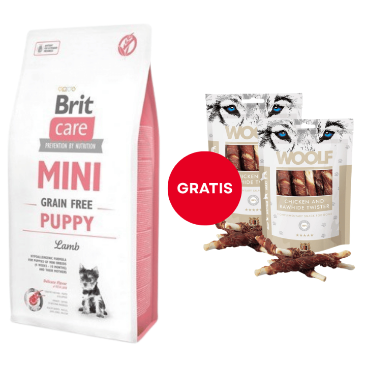 BRIT Care Mini Grain Free Mini Puppy Lamm 7 kg + WOOLF Chicken And Rawhide Twister 2 x 100g Trockenhaut umhüllt mit Hähnchen