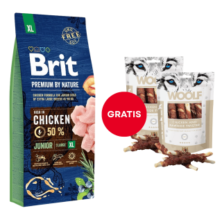 BRIT Premium By Nature Junior Extra Large XL Chicken 15 kg + WOOLF Chicken And Rawhide Twister 2 x 100g Trockenhaut umhüllt m