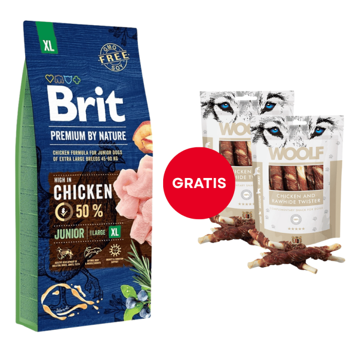 BRIT Premium By Nature Junior Extra Large XL Chicken 15 kg + WOOLF Chicken And Rawhide Twister 2 x 100g Trockenhaut umhüllt m