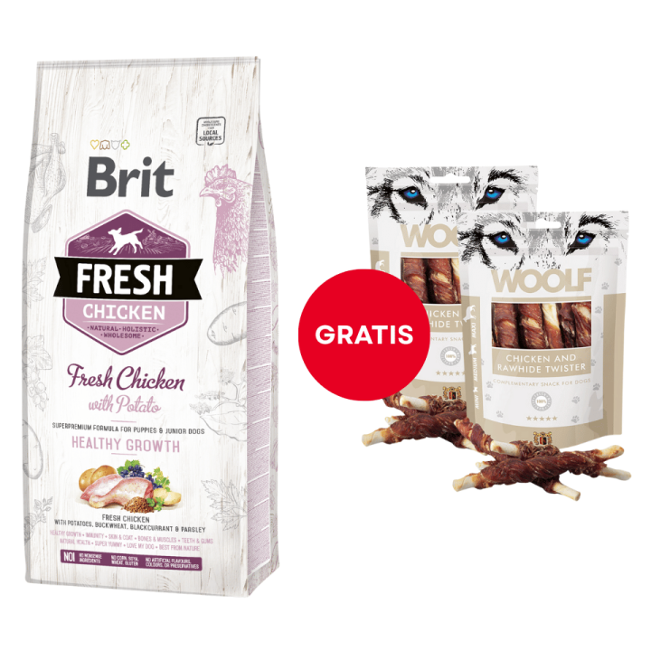 BRIT Fresh Chicken with Potato Puppy Healthy Growth 12 kg + WOOLF Chicken And Rawhide Twister 2 x 100g Trockenhaut umhüllt mi