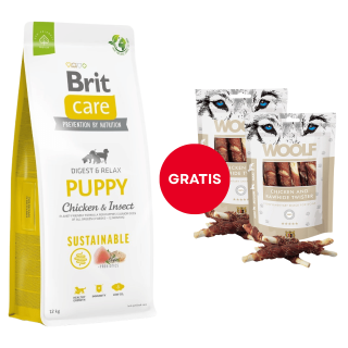 BRIT Care Sustainable Puppy mit Hähnchen und Insekten 12 kg + WOOLF Chicken And Rawhide Twister 2 x 100g Trockenhaut umhüllt