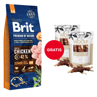 BRIT Premium By Nature Senior Small Medium S+M Chicken 15 kg + WOOLF Chicken And Rawhide Twister 2 x 100g Trockenhaut umhüllt