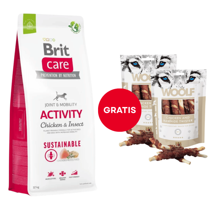 BRIT Care Dog Sustainable Activity Chicken & Insect für Hunde mit Hähnchen und Insekten 12 kg + WOOLF Chicken And Rawhide