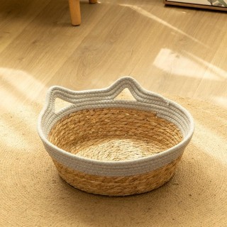 Komfortables handgefertigtes gewebtes Katzennest, praktisches rundes Stroh gewebtes Katzenzubehör, Spielzeug-Haustierbett S g