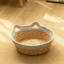 Komfortables handgefertigtes gewebtes Katzennest, praktisches rundes Stroh gewebtes Katzenzubehör, Spielzeug-Haustierbett S g