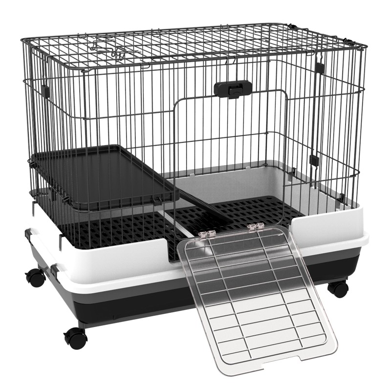 PawHut Kleintierkäfig mit Räder, 2 Türen, Plattform, Bodenfach, Metall, Schwarz, 81,2 x 52,7 x 66 cm   Aosom