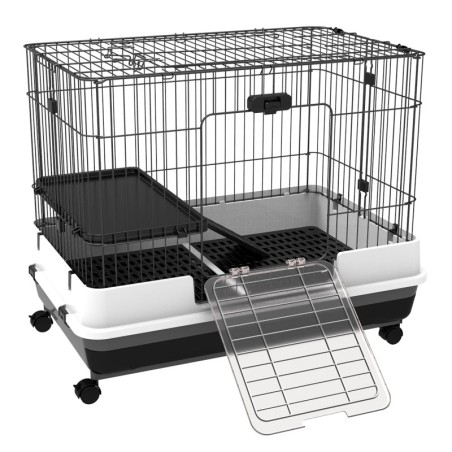 PawHut Kleintierkäfig mit Räder, 2 Türen, Plattform, Bodenfach, Metall, Schwarz, 81,2 x 52,7 x 66 cm   Aosom