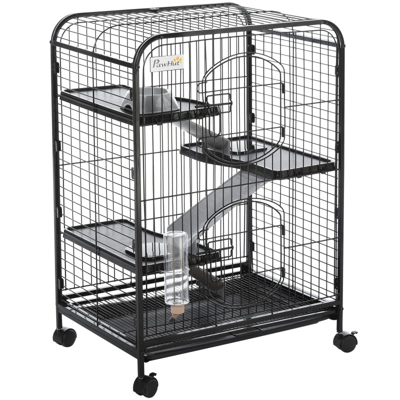 PawHut Kleintierkäfig rollbarer Nagerkäfig 3-stöckiger Tierkäfig mit Hängematten 2 Türen Metall 64 x 43,5 x 93 cm   Aosom