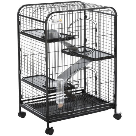 PawHut Kleintierkäfig rollbarer Nagerkäfig 3-stöckiger Tierkäfig mit Hängematten 2 Türen Metall 64 x 43,5 x 93 cm   Aosom