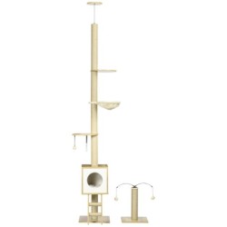 PawHut Set aus 2 Boden-Decke-Kratzbäumen mit höhenverstellbarer 225-285 cm 4 Ebenen - Höhle, Hängematte, Leiter, Spielzeug -