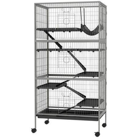 Pawhut Käfig für Nagetiere multifunktional 4 Ebenen 3 Rampen 4 Türen Maße 80L x 52B x 159H cm aus Stahl in Grau-Silber-Schwar