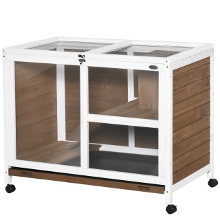 PawHut Kaninchenkäfig Kaninchenstall auf Rollen Kleintiergehege aus Massivholz 2 Etagen aufklappbares Dach Plattformen 91,5 x