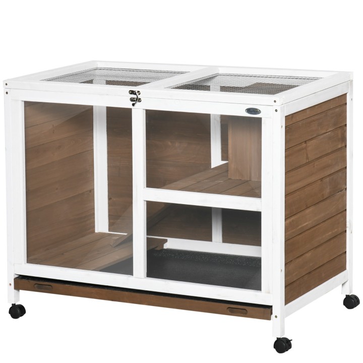 PawHut Kaninchenkäfig Kaninchenstall auf Rollen Kleintiergehege aus Massivholz 2 Etagen aufklappbares Dach Plattformen 91,5 x