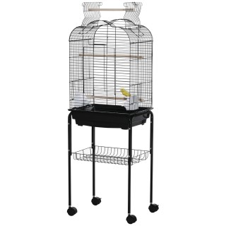 PawHut Vogelkäfig Voliere für Vögel auf Rollen mit aufklappbarem Dach 3 Sitzstangen unteres Regal 46 x 36 x 130 cm Schwarz