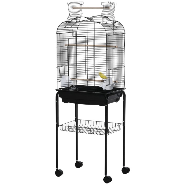 PawHut Vogelkäfig Voliere für Vögel auf Rollen mit aufklappbarem Dach 3 Sitzstangen unteres Regal 46 x 36 x 130 cm Schwarz