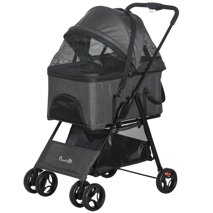 PawHut Hundekinderwagen 3-in-1, klappbarer Buggy für Haustiere, 4 Räder, Transportkorb mit abnehmbarem Griff, Kissen, verstel