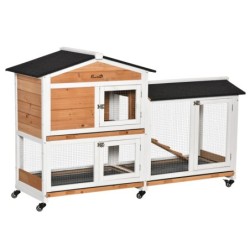 PawHut Kaninchenstall Holz für Kaninchen kleiner Auslauf Tier-Villa für Kaninchen auf Rollen 2 Etagen 3 herausnehmbare Schubl