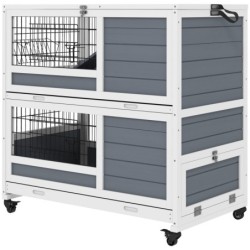 PawHut Kaninchenstall aus Holz für den Innenbereich mit Rollen - 2 Etagen mit 2 herausnehmbaren Tabletts, abschließbarer Tür,
