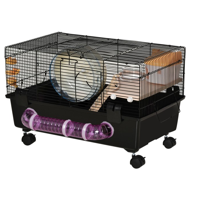 PawHut Hamsterkäfig Multilevel mit Hamsterhaus, Futternapf und Trinkflasche, Tunnel und Laufrad, Käfig für kleine Nager mit 4