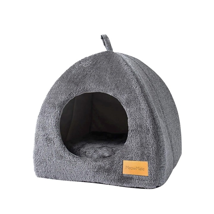 MeowMate Katzenbett Zelttyp mit Kissen Grau Kuppelform 2WAY Katzenhaus Versteck Niedlich