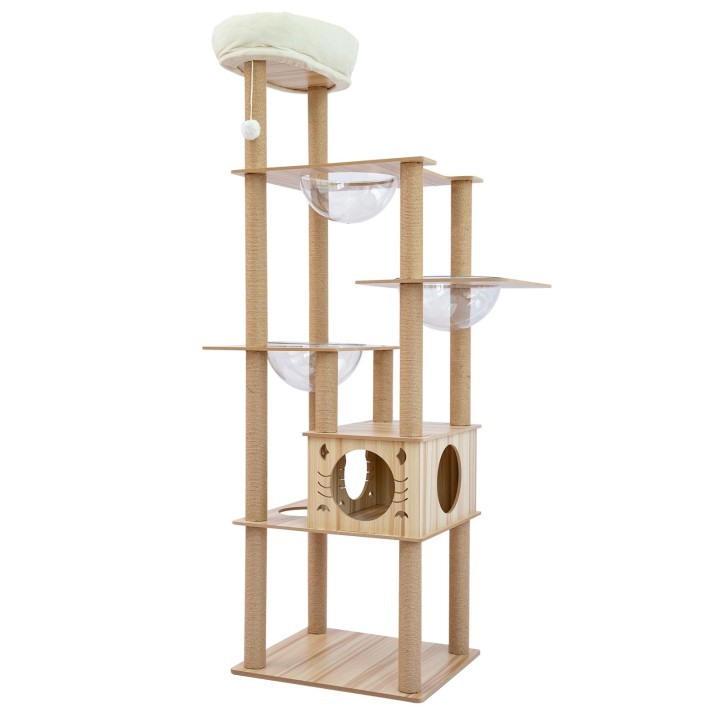 PETTOM Katzenturm, Katzenturm aus Holz, stationär, Höhe 187 cm, drei Raumschiffe, mehrere große Katzen