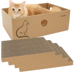 AUSCAT Katzenkratzbaum aus Karton für 4 Ersatznägel, kann als Katzenbox verwendet werden, 37 x 27 x 13 cm, Kratzbaum, Katzen,