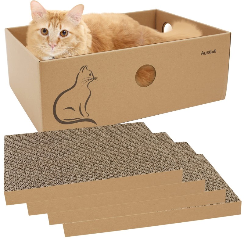 AUSCAT Katzenkratzbaum aus Karton für 4 Ersatznägel, kann als Katzenbox verwendet werden, 37 x 27 x 13 cm, Kratzbaum, Katzen,