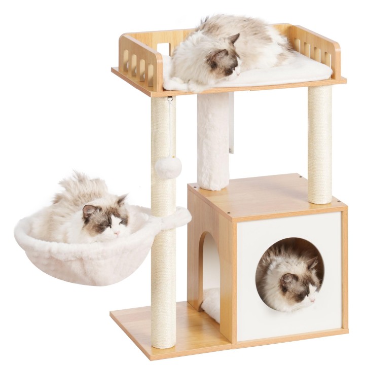 Heybly Katzenturm, Holz, Mini-Katzenturm, kleines Katzenhaus, platzsparende Hängematte, Hanfschnur, Kratzstange, Aussichtspla
