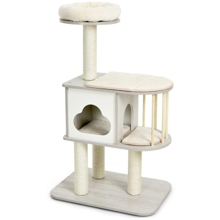 GYMAX Katzenturm aus Holz für mehrere Katzen, natürliches Hanf-Nagel-Beobachtungsgefühl, beseitigt Katzenmangel, stilvoller K