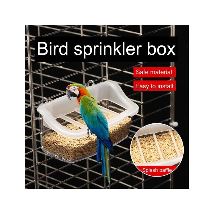 Box, langlebig, praktisch, transparent, zum Aufhängen, Vogelfutterspender mit Spritzschutzgitter für Vogelkäfig
