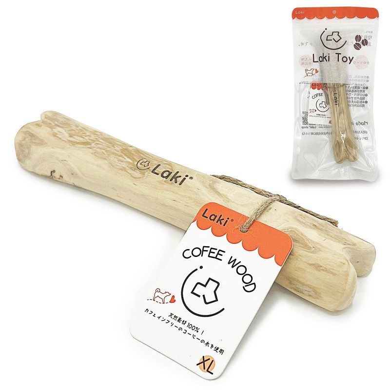 Laki Hundekauspielzeug in Knochenform, Kaffeeholz, Natur, Naturholz, Kaffeebaum, koffeinfrei, Zahnpflege, XL-Größe, 1 Stück,