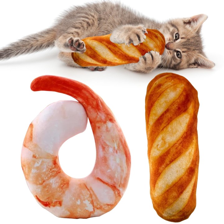 HOMEBASICS Set Katzenspielzeug Matatabi Kauspielzeug Baguette Garnelen Plüschspielzeug Zähneputzen Matatabi Spielzeug Katzenm