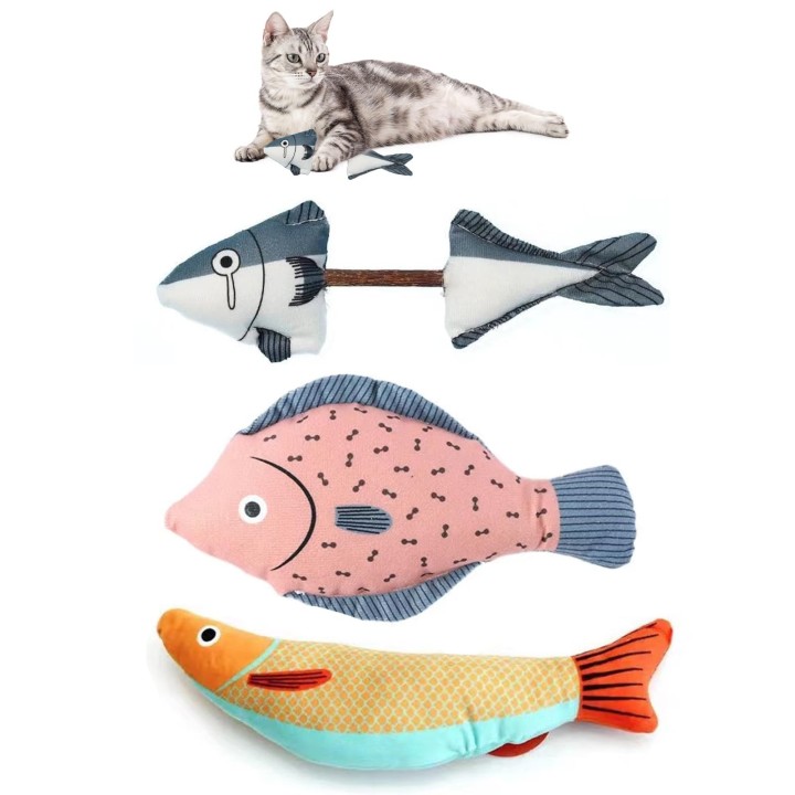 PAKESI Katzenspielzeug, Kauspielzeug in Fischform, Plüsch-Katzenkaustab, Katzenminze, Katzen-Teasing-Stab, interaktives Spiel