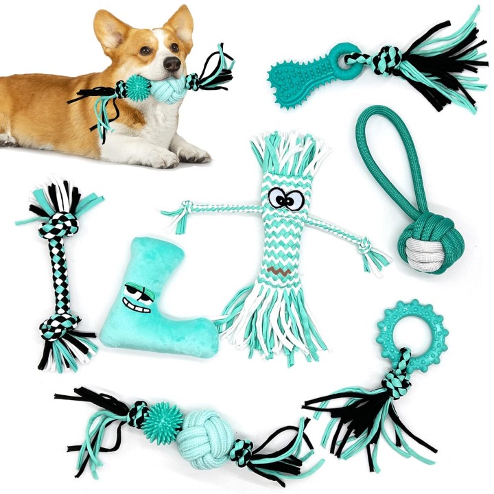 CANPLUS Hundespielzeug, 7er-Pack, beliebtes Kauspielzeug aus Seil, Schnurball, Ziehspielzeug, Seeblau, langlebige Naturbaumwo