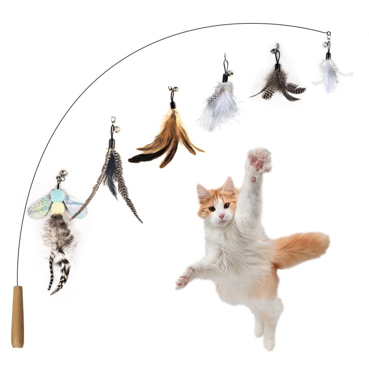 SONGWAY Katzenspielzeug, Federglocke, 6 Arten von Federn, mit Angelrute, 90 cm