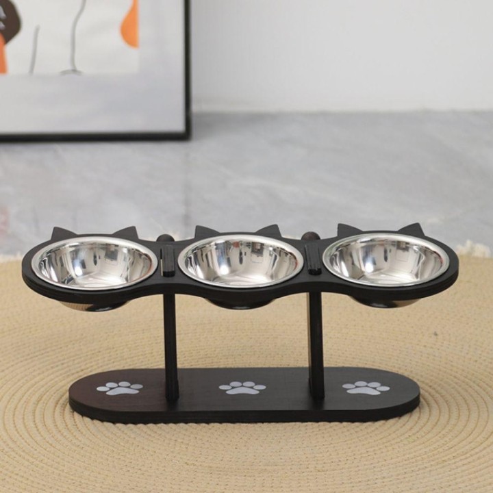 Wooden Rack Elevated Cat Dog Bowl 3 in 1 Pet Water Bowl Cute Pet Food Feeder  Pet Treats schwarz