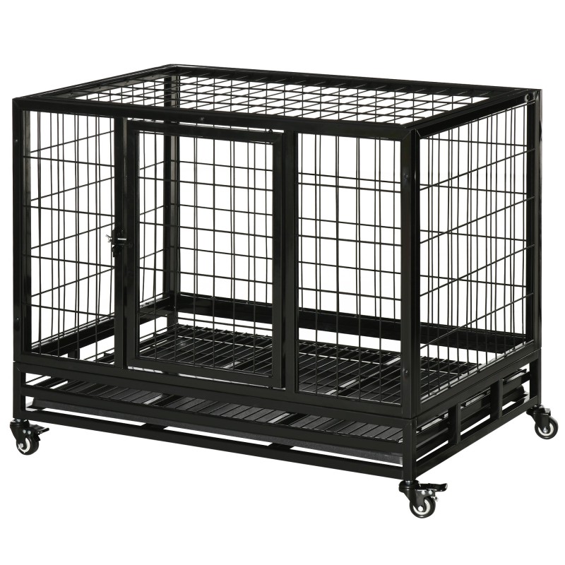 PawHut Käfig für Hunde Tierkäfig Transportkäfig auf Rädern 2 abschließbare Türen herausnehmbares Tablett max. 150 kg 92L x 62